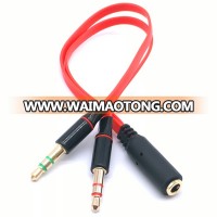 Red and Gold Plated Headphone Mic Audio Y Splitter 3.5mm 1 Female to 2 Male Flat Audio Cable